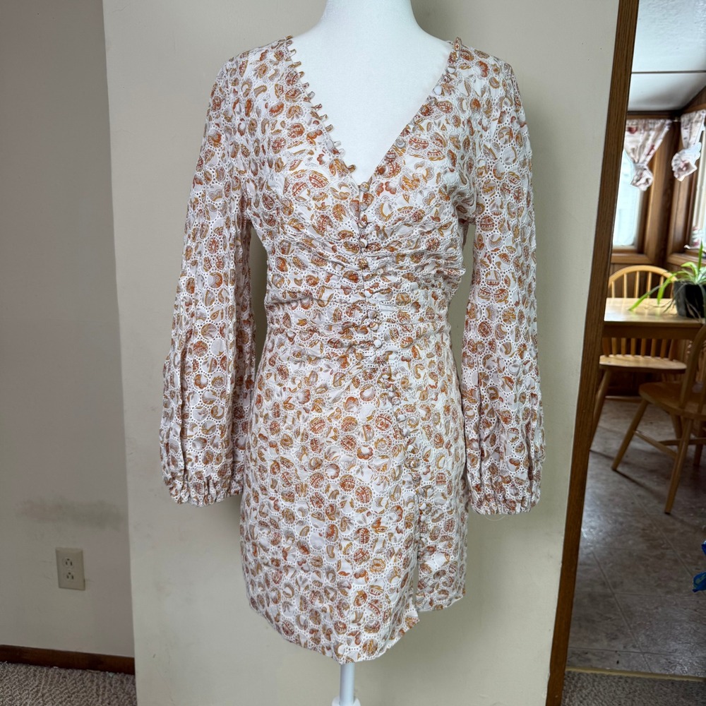 BARDOT‎ Printed Broderie Long Sleeve Mini Dress in Tan Paisley Floral Size 6/S